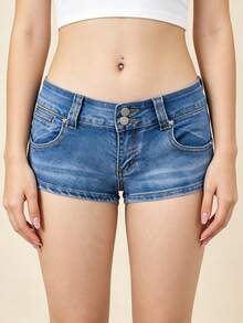 Women's Mini Denim Shorts With Pockets Stylish Solid Color Skinny Low Rise Jean Shorts - Blue - View 3