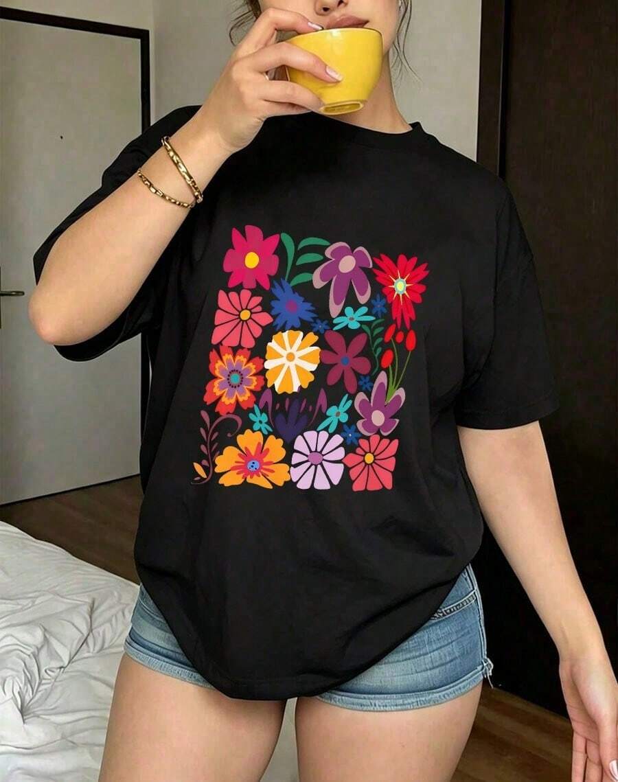 Women's Clothing Plus Size Floral Print Short Sleeve T-Shirt, Casual Summer Style, Round Neck Oversized Printed T-Shirt For Women, Casual Summer Shirts - 黑色 - 查看 1