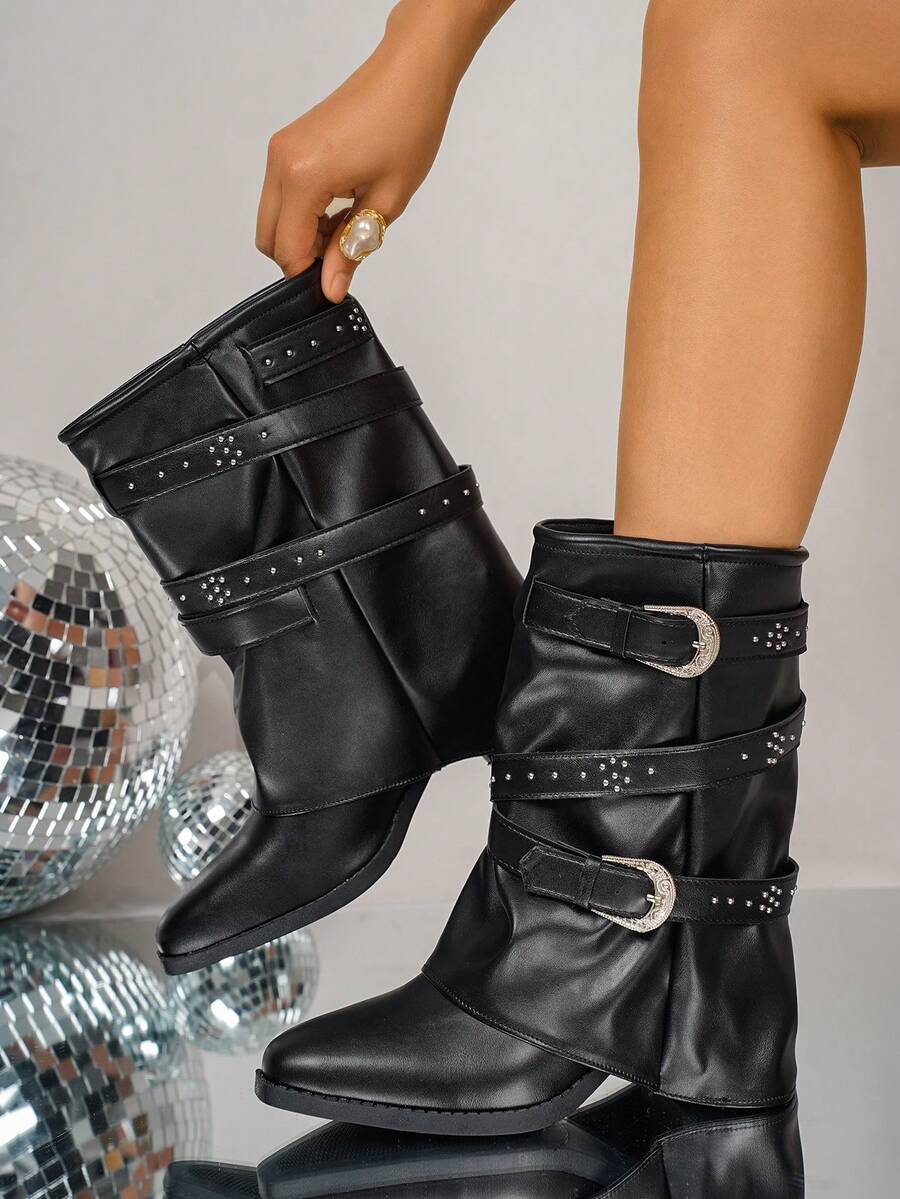 1 par de botas plegables plisadas populares con hebilla de moda, planas y cómodas, de unicolor, estilo occidental casual, de cuero de microfibra, hasta la pantorrilla, para fiestas de vacaciones, otoño e invierno - Negro - Ver 1