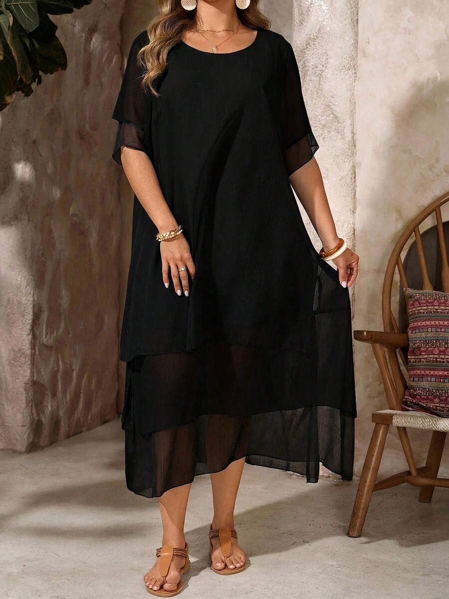 Vestido casual de talla, cuello redondo, sin botones, bajo asimétrico y fluido, estilo bohemio, adecuado para primavera y verano - Negro - Ver 1