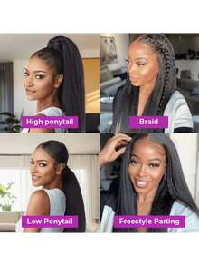 13"X4" Afro Yaki Straight Brazilian Human Hair Lace Front Wig, Bob Style Curly Straight Hair Wig, 13x4 Transparent Lace Front, Pre-Plucked, 180% Density Mixed Hair Heat-Resistant Fiber, Women's Wig, Elegant Style, No Glue Needed, Suitable For Daily Wear 8-16 Inches - Natural & Black - View 10