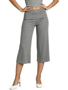 Womens Wide Leg Capris Casual Fold Over Waist Stylish Solid Color Mid Rise Cropped Pants - Grey - View 1