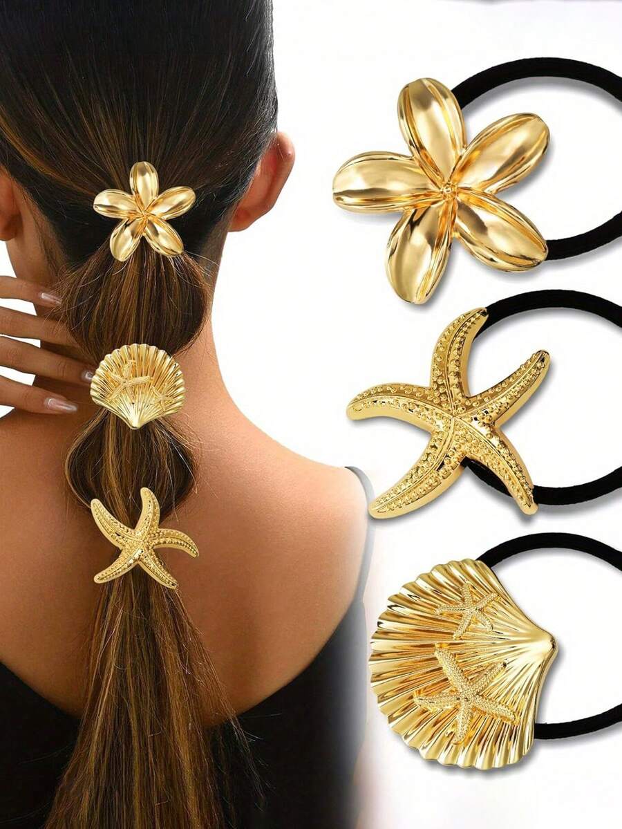 3pcs Golden Hair Ties, Metal Hair Ties Thick Hair, Elegant Durable Geometric Design, Golden Hair Accessories Stretchy And Non-Damage Ponytail Holders, Ocean Pattern 3 Style, Hair Styling, Minimalist Hair Bands, Elegant Design, Highquality Hair Bands, Multipack Hair Ties, Thick Hair Solutions, Fashionconscious Women - Gold - View 1