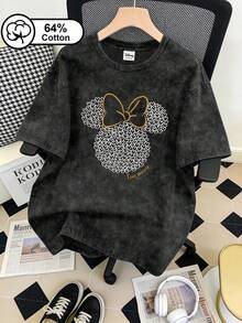 Disney 大尺碼女款 T-shirt，米妮鼠與愛心印花，復古水洗短袖黑色夏季上衣 - 黑色 - 查看 1