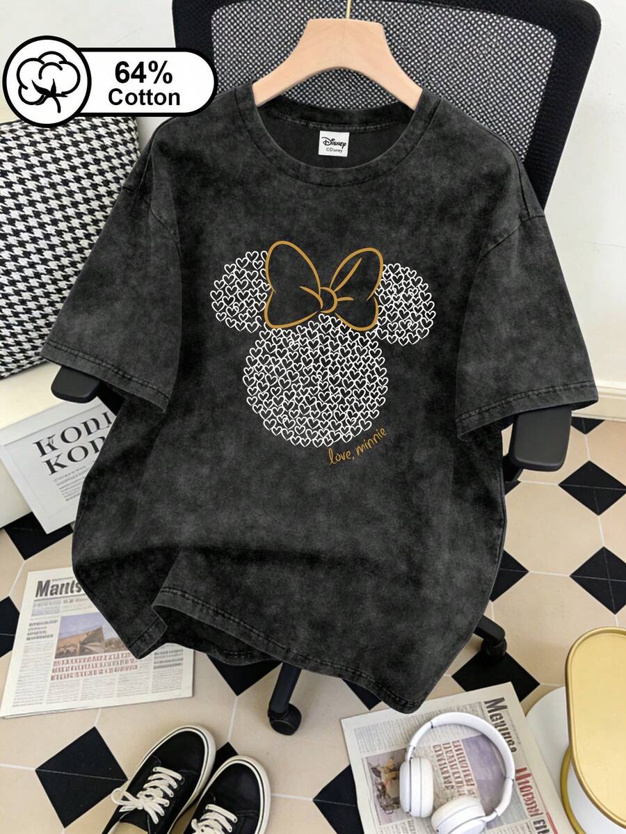 Disney 大尺碼女款 T-shirt,米妮鼠與愛心印花,復古水洗短袖黑色夏季上衣 - 黑色 - 查看 1