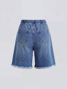 1 pieza Shorts vaqueros desgastados con estampado de letras de moda casual para niñas preadolescentes primavera/verano - Lavado ligero - Ver 2