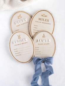 Baby Boy Name Announcement Sign: Newborn Hospital Birth Statistic With Bow And Rocking Horse - Multicolor - View 11