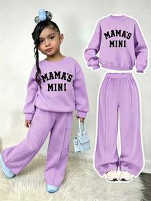 Young Girl Letter Print Crew Neck Long Sleeve Sweatshirt And Sweatpants Set - Purple - View 1
