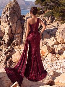 ADYCE Vestido de fiesta elegante y brillante con hombros descubiertos, cristales cosidos a mano, largo con vuelo, abertura alta, lazo en la cintura y cola hasta el suelo para baile de graduación y boda - Burdeos - Ver 2