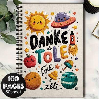 1 Cuaderno de espiral estilo de dibujos animados lindo, portada con sol, cohete y otros patrones adorables, el texto "DANKE Di TOLE" añade un toque único. 100 páginas 50 hojas, adecuado para registros de trabajo, notas de estudio, escritura de diario, también es una opción de regalo reflexiva para graduación, cumpleaños.