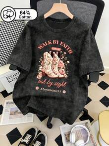 Plus Size Women's Vintage Washed Snowflake T-Shirt, Christian Faith, Floral Boot Print, Casual Crew Neck Short Sleeve, Summer Top Vacation Black - Black - View 1