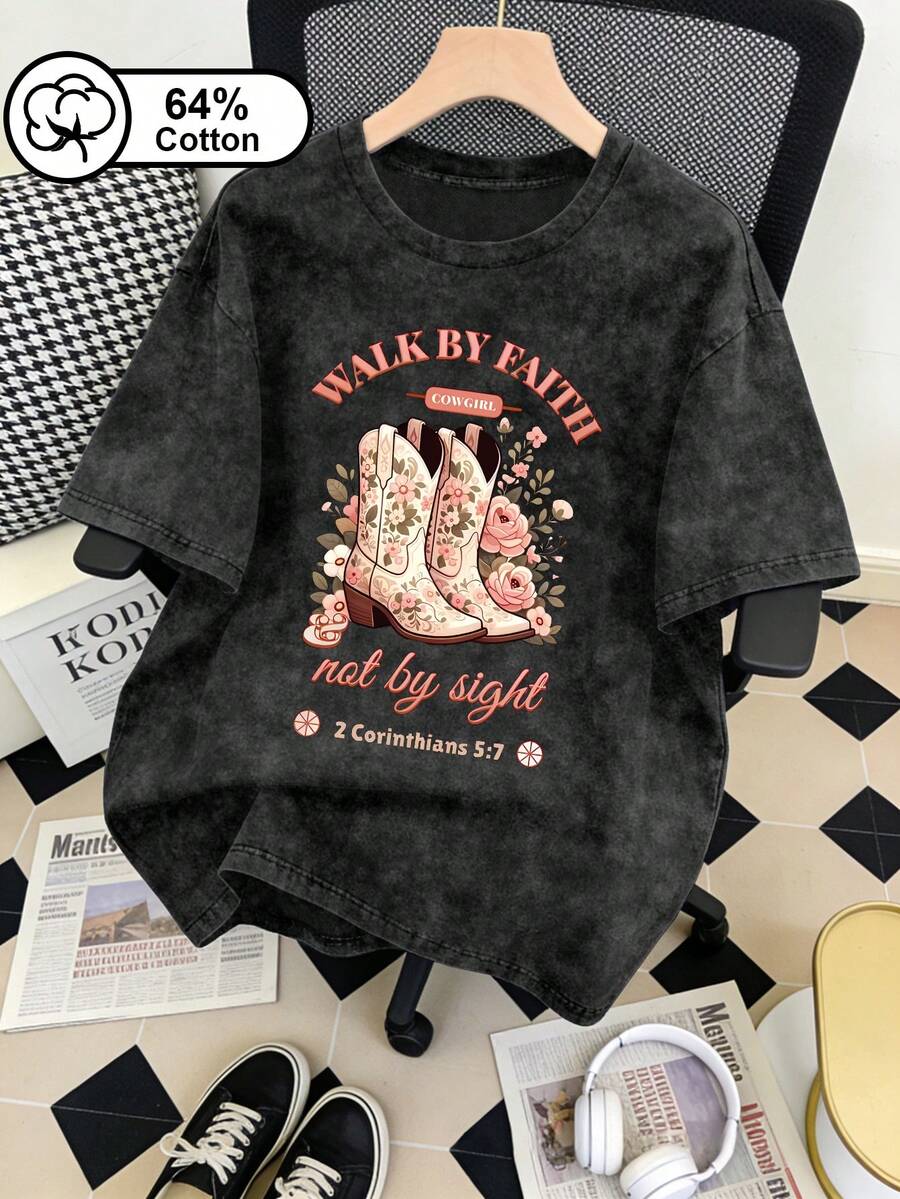 Plus Size Women's Vintage Washed Snowflake T-Shirt, Christian Faith, Floral Boot Print, Casual Crew Neck Short Sleeve, Summer Top Vacation Black - Black - View 1