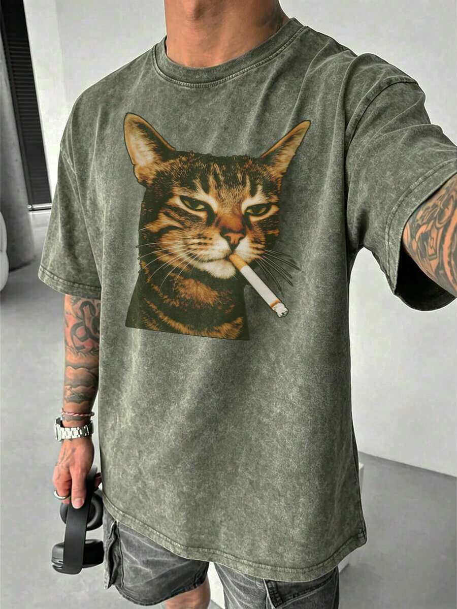 大尺碼水洗貓咪印花T恤,設計圖案為喜歡抽菸的貓,高品質蠟染復古時尚品牌男士T恤 - 綠色 - 查看 1