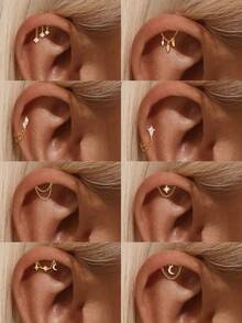 1pc 925 Sterling Silver Flat Back Ear Cuff Earring With Chain & Diamond Stud Earring, Ear Cartilage Earring, Ear Lobe Earring, Ear Cuff Earring For Women, Gift - Gold - View 20