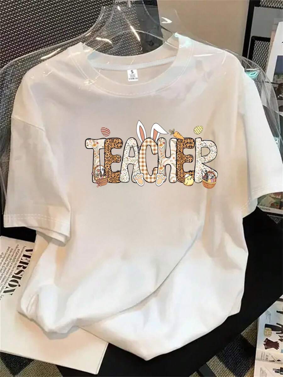 Top de mujer de cuello redondo y manga corta con nombre y estampado de diferentes tipos de animales, apto para todas las estaciones. - Blanco - Ver 1