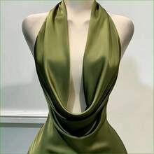 1 pieza Vestido corto de satén de unicolor y espalda descubierta, vestido de playa, vestido mini elegante para mujer, vestido casual elegante, vestido fluido, vestido corto de verano - Burdeos - Ver 3