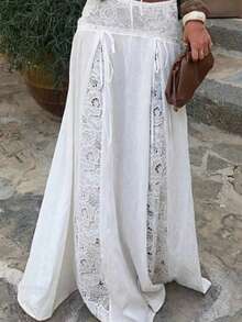 Solid Color Lace Patchwork Elegant Overlocked Hem Wedding Skirt White Summer - White - View 2