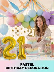 Pastel Balloons Latex Party Balloons With Pastel Streamers, Star Garland And Gold Number Balloon, Birthday Decorations For Women Girl, Multicolor Macaron Balloons For Birthday Rainbow Party Baby Shower Wedding Decorations - 21st Birthday - 查看 1