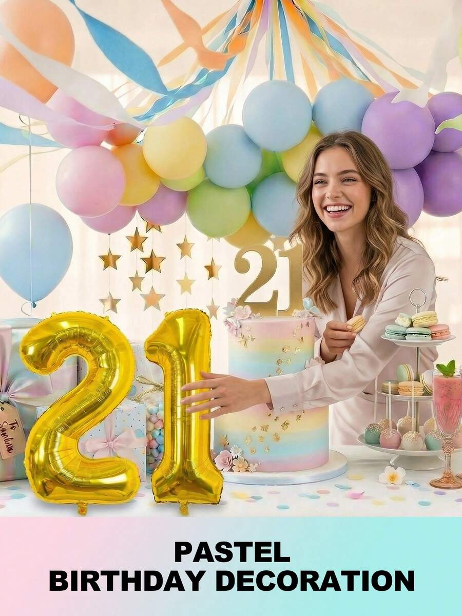 Pastel Balloons Latex Party Balloons With Pastel Streamers, Star Garland And Gold Number Balloon, Birthday Decorations For Women Girl, Multicolor Macaron Balloons For Birthday Rainbow Party Baby Shower Wedding Decorations - 21st Birthday - 查看 1