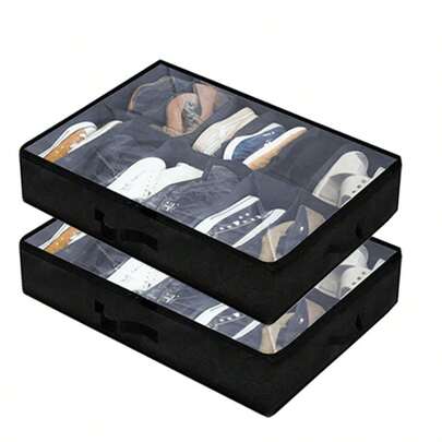 2 piezas Caja de almacenamiento de zapatos plegable de 24 compartimentos debajo de la cama, organizador de zapatos apilable a prueba de polvo de tela no tejida, ahorro de espacio y resistente, hecho de cartón de 2 mm de grosor, adecuado para tacones altos y zapatillas, 29.3 pulgadas, organización y almacenamiento esencial para el hogar