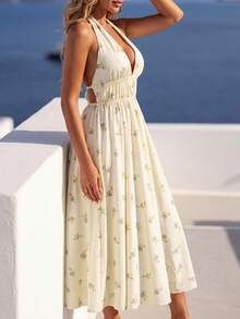 Perirose Women's Light Yellow Floral Bohemian Style Halter Neck Deep V-Neck Backless Flowy Mid-Length A-Line Dress, Charming, Elegant, Graceful, Fashionable, Vacation, Outdoor, Romantic, Old Money Style, Romantic Vacation, Elegant Feminine, Vintage, Luxurious, Glamorous, Tea Party, Brunch, Birthday, Wedding, Club, Party, Concert, Light Yellow Women's Long Dress, Wedding Guest Dress Women Elegant Formal - Apricot - View 5