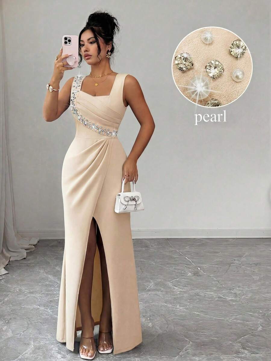 xheSHEIN Elenzya Vestido elegante y romántico para damas, con cuello cuadrado sin mangas, decoración de perlas en la cintura, plisado, abertura, ajustado, ligero, para fiesta y cóctel, con bajo de cola de sirenaxhe - Albaricoque - Ver 1