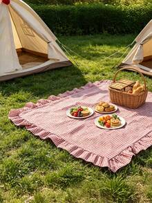 1pc Charming Red & White Plaid Rectangular Picnic Blanket - Woven Viscose Tablecloth With Lace Trim For Wedding Season, Vacation Season, Winter Camping, Beach Outings, Photography Backdrop And Picnic Accessories - Red Plaid - View 2