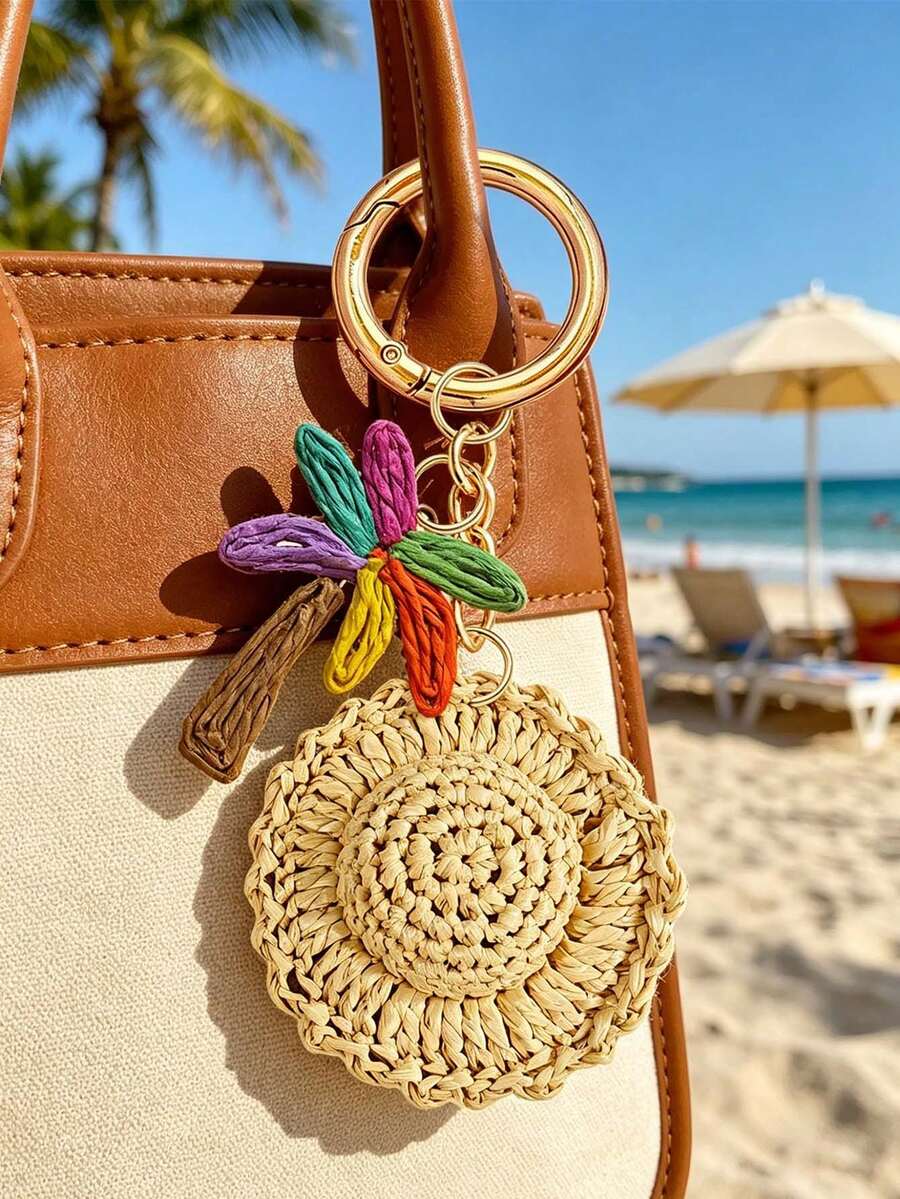 Woven Raffia Palm Tree Keychain, Crocheted Straw Hat Keychain Charm,Summer Beach Bag Charm, Hand-Woven Boho Woven Hanging Ornament,Stylish Everyday Pendant, For Handbags, Backpacks, Car Keys, Ideal Gift For Beach Lovers,Unique Birthday Gifts, Holiday Gifts, Party Gifts, Vacation Gifts, Back-To-School Gifts, Anniversary Gifts - Multicolor - View 1