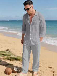 2026 New Men's Linen Long Sleeve Shirt Set Lapel Collar Breathable Beach Vacation Casual Outfit - 灰色 - 查看 1
