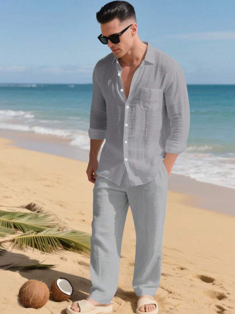 2026 New Men's Linen Long Sleeve Shirt Set Lapel Collar Breathable Beach Vacation Casual Outfit - 灰色 - 查看 1
