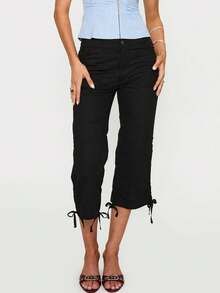 Women's Spring And Summer Capri Pants With Drawstring Cuffs, Solid Color, Fitted And Cropped - Black - View 4