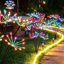 1入 80LED 太陽能煙火燈，變色戶外花園插地燈，100%煙火花朵設計，IP65防水，黃昏至黎明自動開關，適用於庭院、小徑、涼亭、花盆、露台、節日、派對、婚禮裝飾 - 8頭煙火燈 - 查看 2