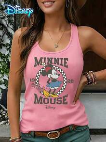 Disney Official Authorization | Women's Casual Round Neck Sleeveless Vest. Taking Minnie As The Theme, Paired With Retro Checkerboard Patterns And Academic Style Text Design, It Is Playful And Full Of American Retro Feeling. It Is An Age Reducing Item For Daily Wear And An Ideal Choice For Creating A Vintage Look. - Hồng - Xem 1