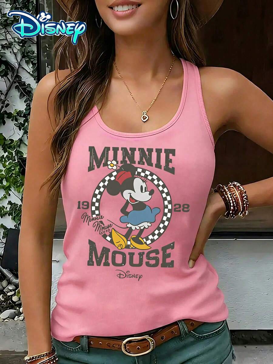 Disney Official Authorization | Women's Casual Round Neck Sleeveless Vest. Taking Minnie As The Theme, Paired With Retro Checkerboard Patterns And Academic Style Text Design, It Is Playful And Full Of American Retro Feeling. It Is An Age Reducing Item For Daily Wear And An Ideal Choice For Creating A Vintage Look. - Hồng - Xem 1