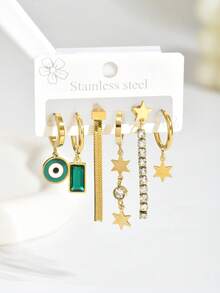 6pcs/Set European & American Vintage Fashion Stainless Steel Personalized Exaggerated Asymmetrical Multi- Star Glasses Earrings For Women, Versatile - Multi-color a - View 3
