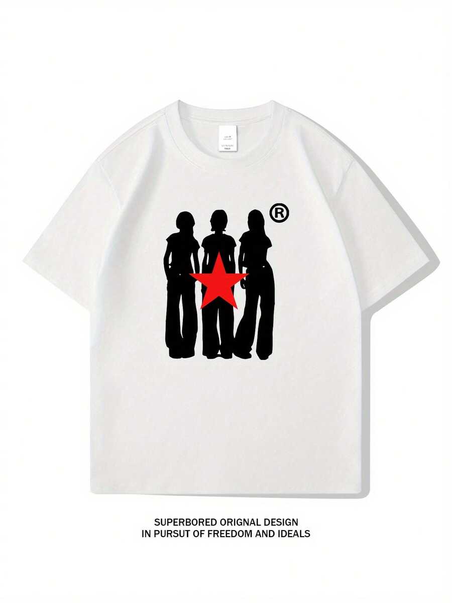 VintageFun Creative Pattern Crew Neck T-Shirt, Pure Cotton, Summer, Short Sleeve, Casual Everyday Style, Summer Top - 白色 - 查看 1