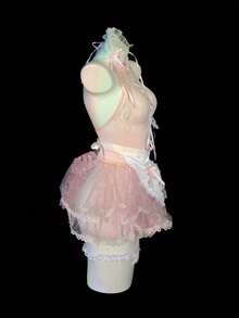 "Pink Lady" Cosplay Transparent Sister Costume (Headband + One-Piece Mesh Dress + Apron + Leg Garters + Thong), Alluring And Charming Lace Sheer Romantic Sleepwear, Seductive Hollow-Out Romantic Nightdress, Ideal For Couples' Outings - 粉紅色 - 查看 10