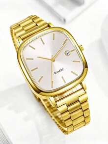 2pcs/Set Men's Luxury Business Watch Set, Silver And Gold Dual-Tone Stainless Steel Strap, Square Frosted White Dial. Clear Bar Markers For Easy Reading, Built-In Date Display Window, Minimalist Lines Highlight Premium Texture. - Multicolor - View 4