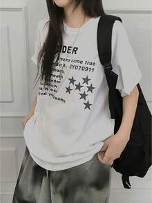 100% Cotton. Casual Short-Sleeved Printed T-Shirt. 1pacY2K Black Short-Sleeved Printed T-Shirt For Women, New Summer Fashion, Versatile And Loose-Fitting Y2K Top With A Round Neck. Spring/Summer Top. - 白色 - 查看 2