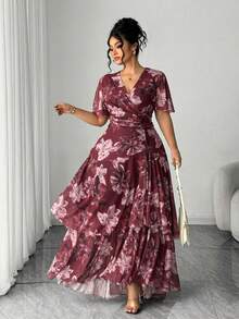 Vestido de punto ajustado con estampado floral de malla elástica y multicapa para mujer de talla grande, adecuado para volver al colegio, graduación, San Valentín, festival de música - Burdeos - Ver 1