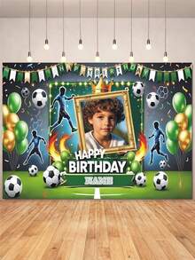 Customizable Photo And Name Football Theme Birthday Background With Flame Gold Balloons, Victory Ribbon Design Vinyl Material For Birthday Celebration Decor And Photography Props - Green - View 3