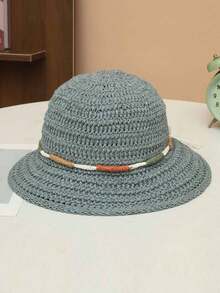 1 pieza Sombrero de paja tejido hueco de ala ancha de unicolor para mujer, primavera verano otoño, moda europea & americana vintage elegante sombrero de cubo de paja, versátil para uso casual al aire libre viajes vacaciones - A - Ver 10