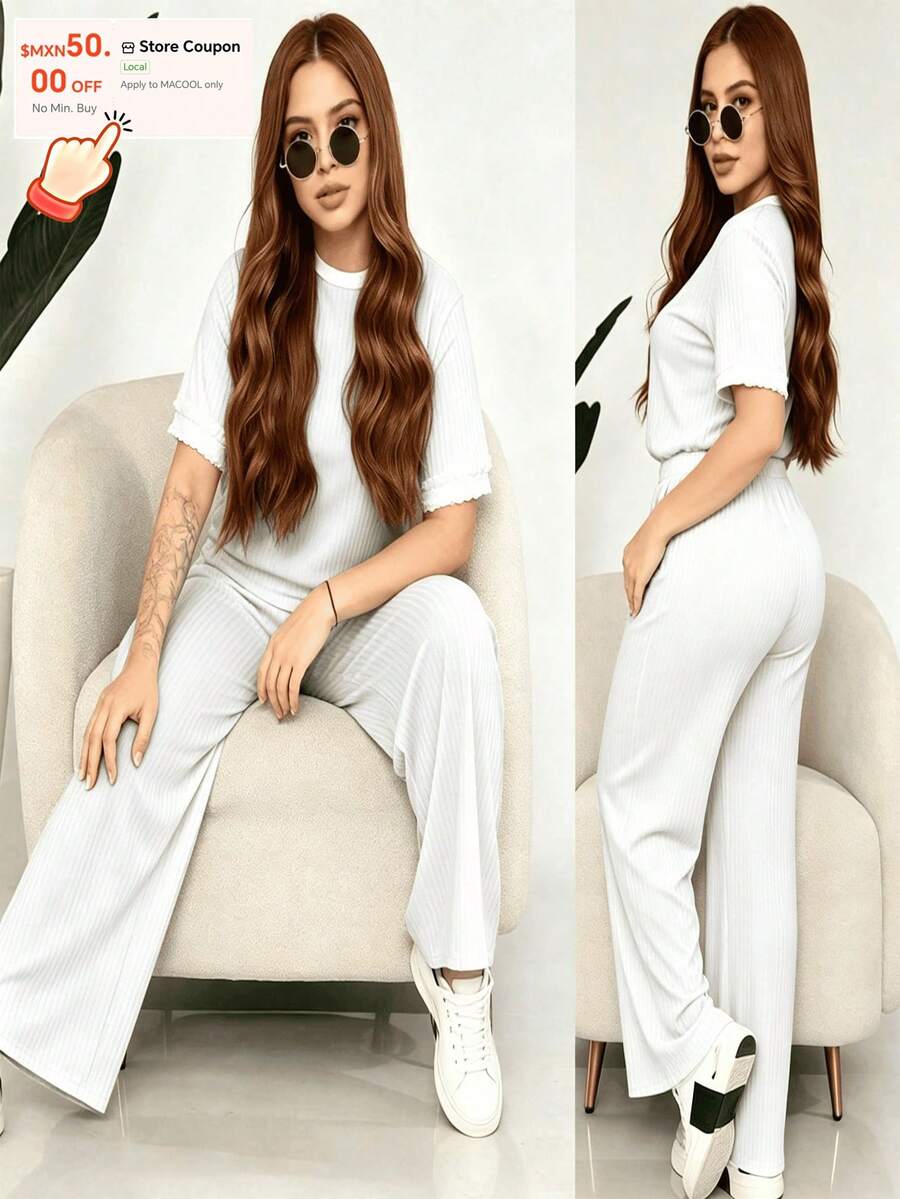 Comfort And Style In One Outfit! Upgrade Your Look With Our 2-Piece Set: A Ribbed Top And Super Comfortable Pants. Available In Various Colors. Women's 2-Piece Casual Set: Short-Sleeve Crew Neck Top And High-Waisted Loose Wide-Leg Pants - Ribbed Textured Loungewear Set For Summer And Yoga - Putih - View 1
