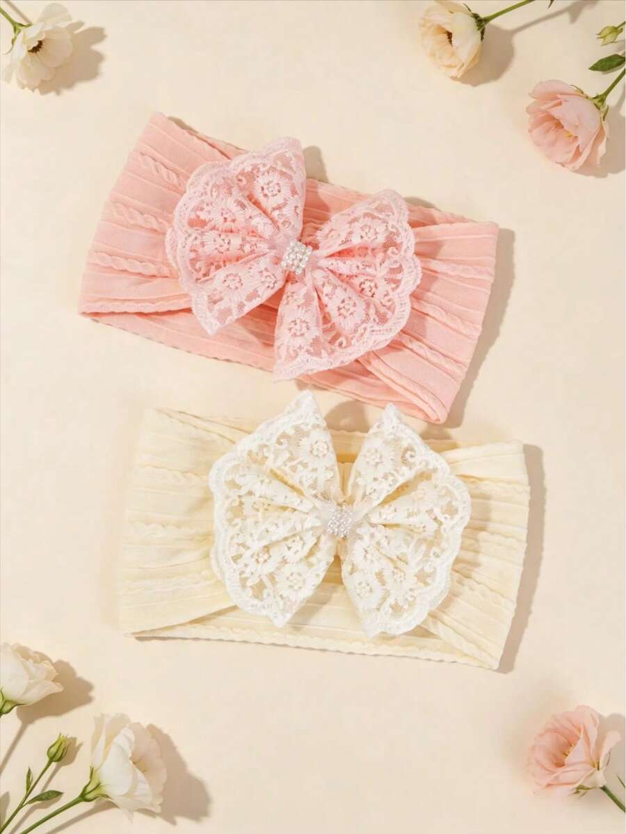 2pcs/Set Lace Pearl Bow Hairband Sweet Cute Princess Hair Accessories Suitable For Photography Gift Hair Accessory Set - Multicolor - View 1