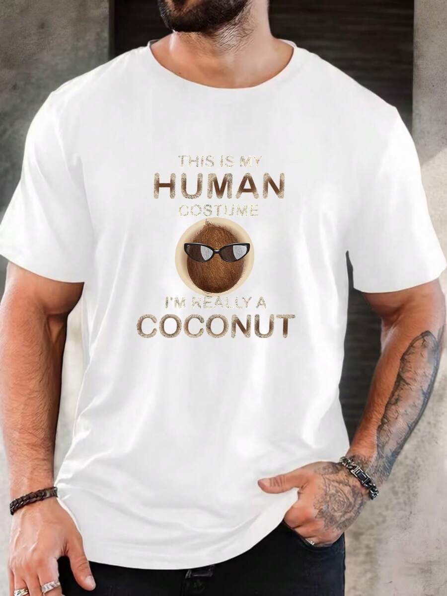 Men's Pure Cotton Short Sleeve T-Shirt Casual Graphic Tee With Funny Coconut Print Breathable Summer Holiday Gift Christmas Present For Him New Year Gift Idea Relaxed Fit Daily Wear Vacation Outfit  Comfortable European Holiday Must-Have Gift For Boyfriend Brother Friend Lightweight Soft Fabric Easy To Match Casual Style Ideal For Summer Outings Beach Trips - White - View 1