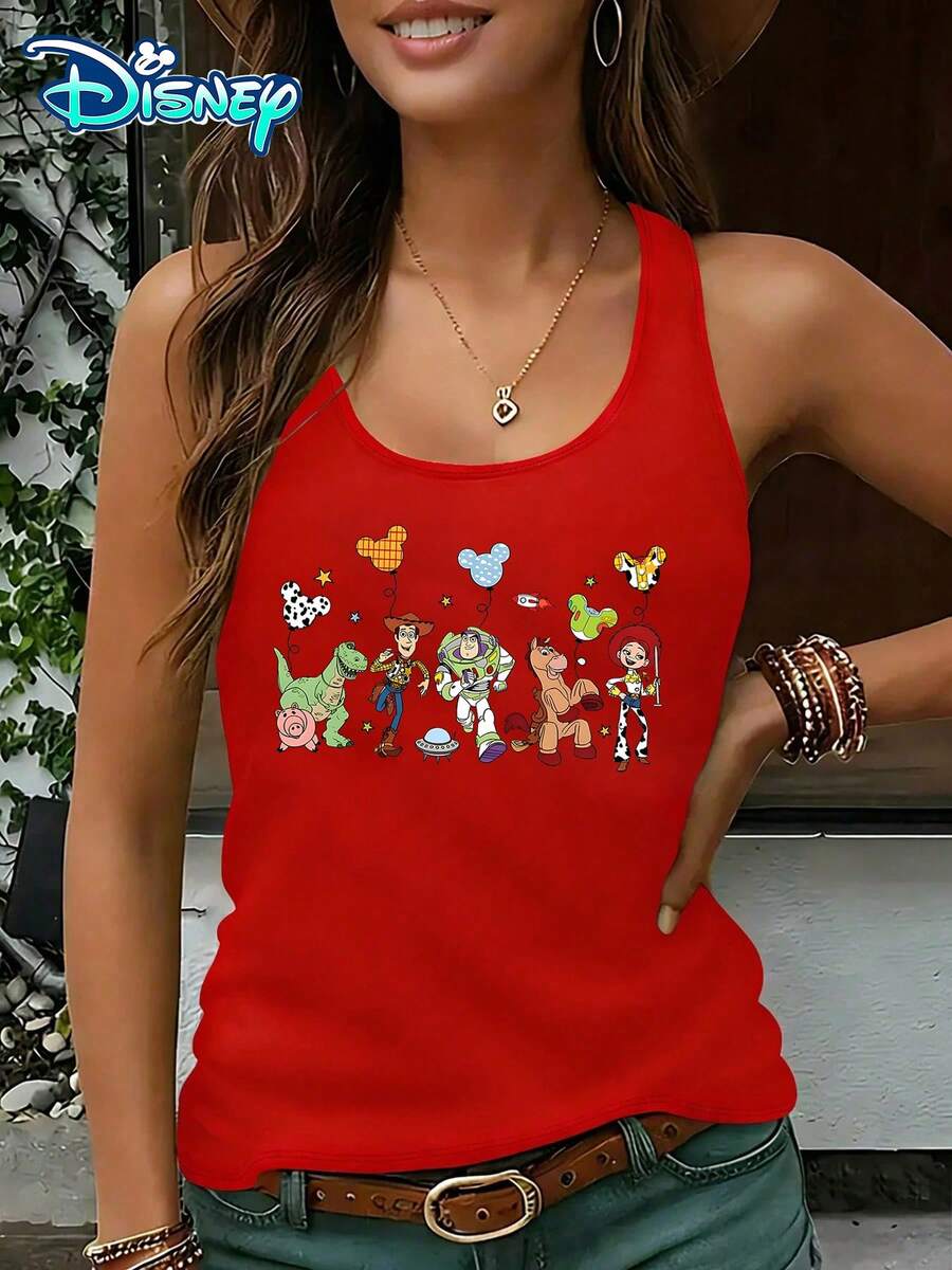 Disney Official Authorization | Women's Casual Round Neck Sleeveless Vest. With Toy Story As The Theme, It Is Fun And Playful To Match The Characters With Mickey Balloon Prints. It Is A Fun Item For Theme Park Dressing And An Ideal Choice For Showcasing Fairy Tale Style. - Đỏ - Xem 1