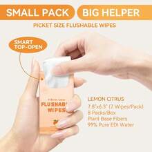 Travel Flushable Wipes, 8 Mini Packs, Lemon Citrus Plant-Based Wet Wipes For Adults, Septic, Gentle For Sensitive Skin & Hypoallergenic (Total 56 Wipes) - 檸檬柑橘 - 查看 3