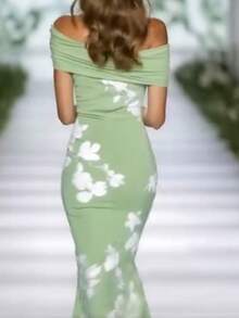 Vestido estampado hombro caído manga corta  popular - Verde - Ver 4