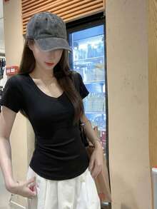 Women's Solid Color V-Neck Short Sleeve Fitted T-Shirt Casual Black Summer - Black - View 8