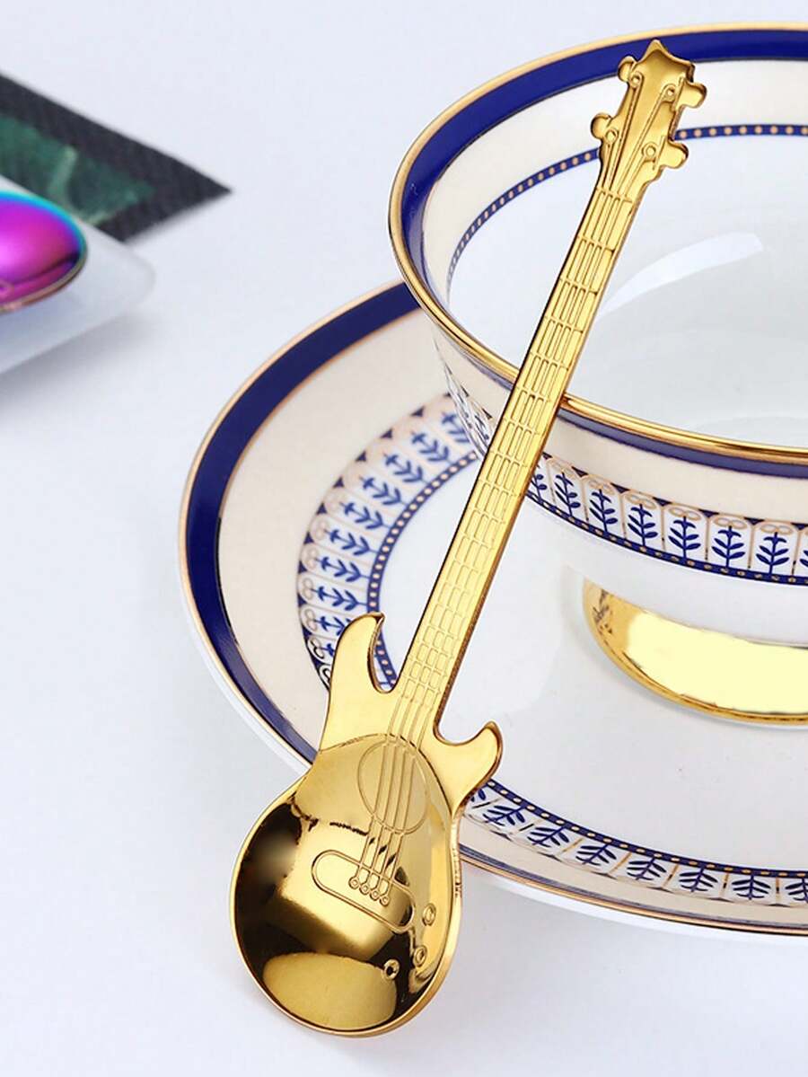Brodark Cuchara de café con diseño de guitarra estilo Ins, cuchara mezcladora de acero inoxidable 304 con tema musical dorado, regalo exquisito para el ritual del té de la tarde - Dorado - Ver 1